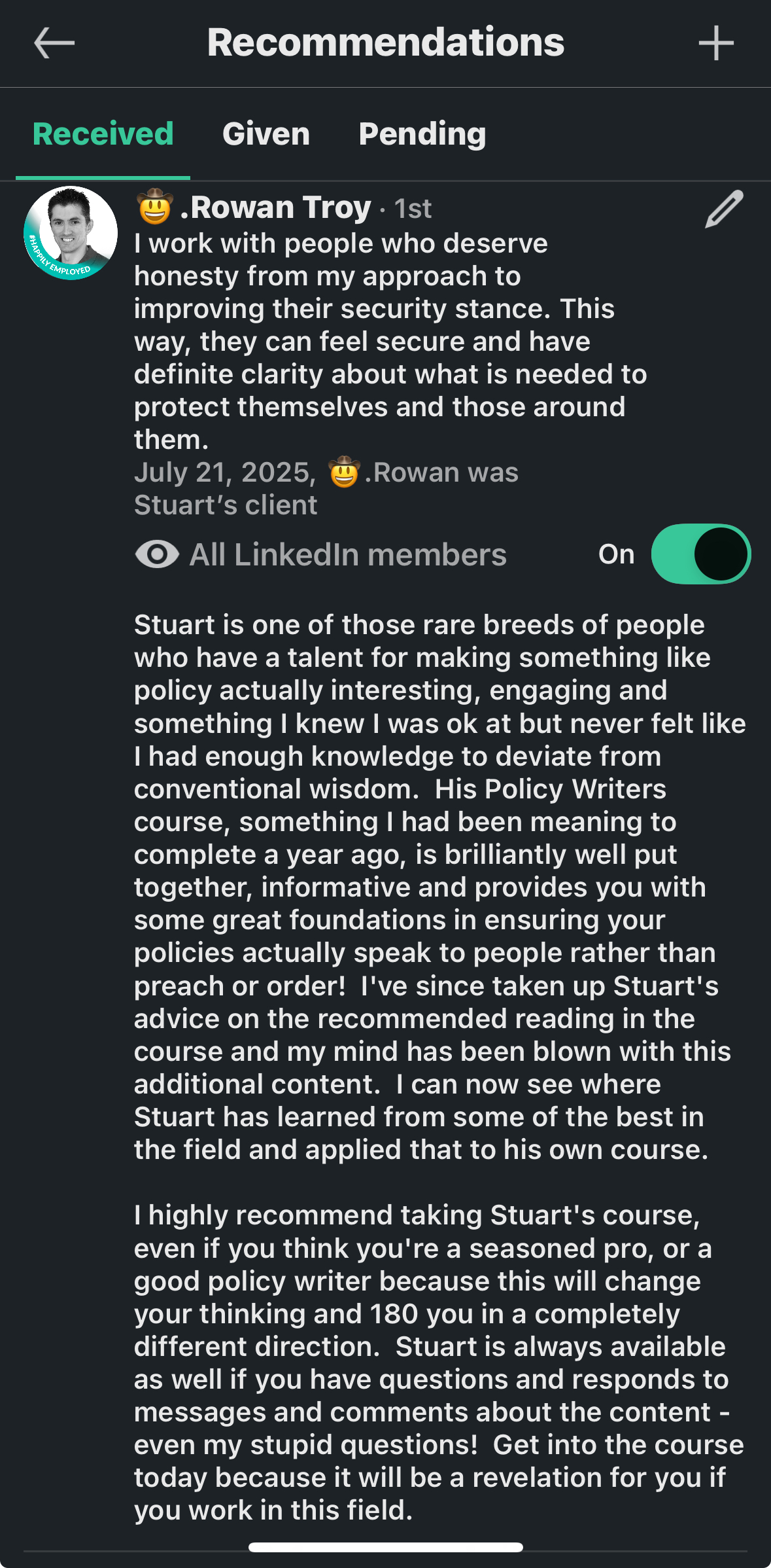 Customer testimonial 